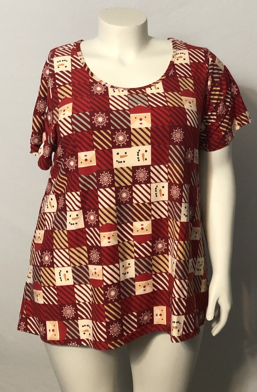 LuLaRoe Christmas Patchwork Top Shirt 3XL Plus Size Classic T Santa Snowman Tee
